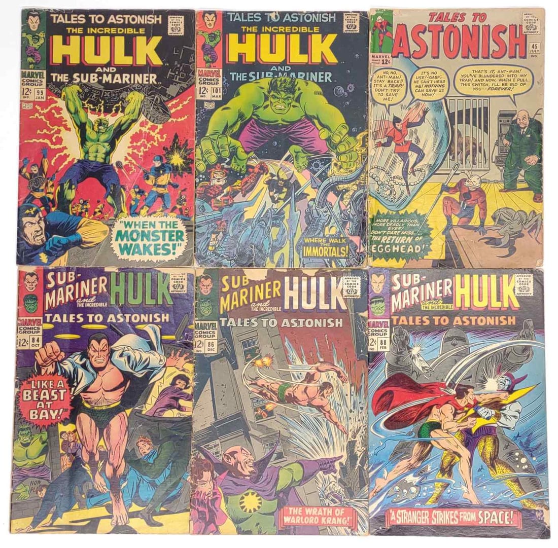 (6) Tales to Astonish #45-101 Marvel Comic Books: (6) Marvel Comics Tales to Astonish (1959) comic books. Includes #45, #84, #86, #88, #99, and #101. Cover prices 12 cents. All are bagged and carded. Each comic measures approx.: 7 x 10 1/2 in. SHIPPI