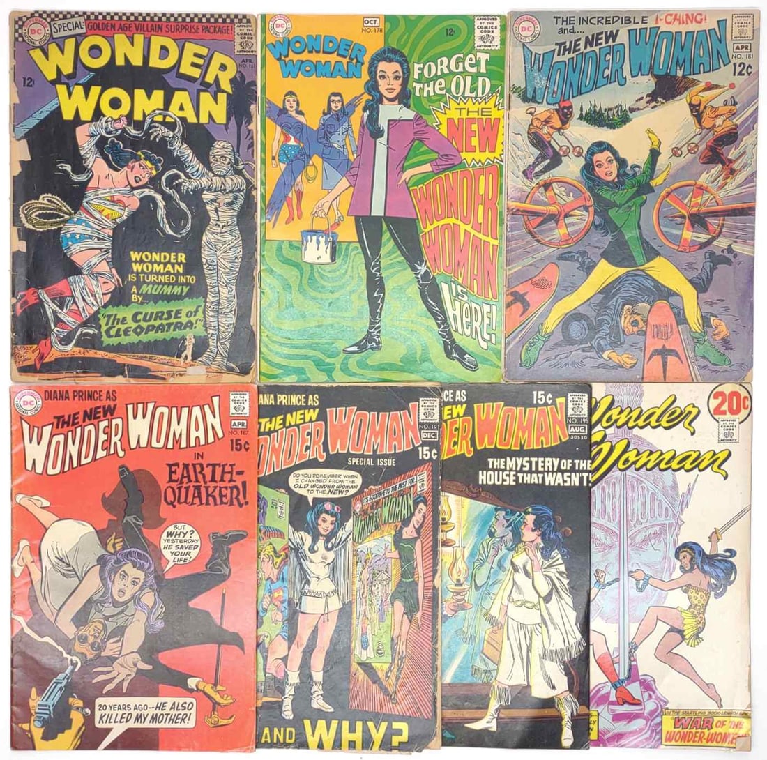 (7) Wonder Woman #161-206 Marvel Comic Books: (7) Marvel Comics Wonder Woman (1942) comic books. Issues include #161, #178, #181, #187, #191, #195, and #206. All are bagged, #191, 195, and 206 are bagged and carded. Each comic measures approx.: 7