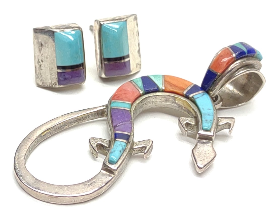 Calvin Begay Signed Sterling Pendant & Earrings (1 of 7)