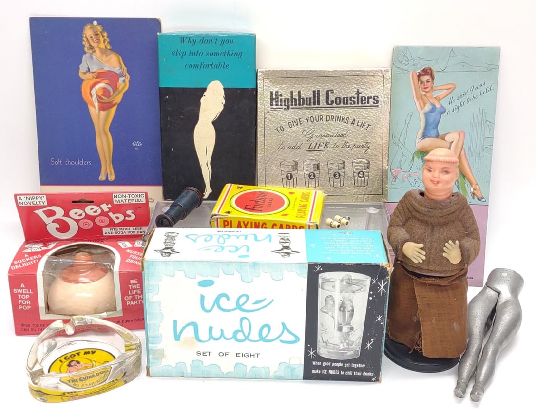 12 Vintage Risque & Pinup Novelty Items: 12 Vintage risque, pinup, and nude novelty items. Includes "Ice Nudes" ice molds in box, "Beer Boobs" aluminum can lid in box, Fortune Brand risque playing cards in box, "I Got My ___ At The China Dol