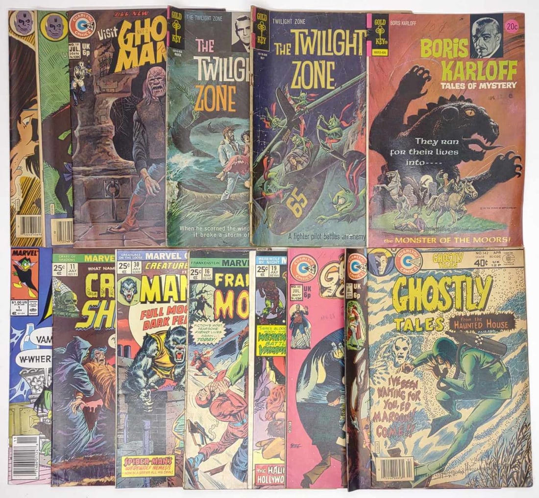 (14) 1970s-80s Horror Comic Books (Marvel & Indy): (14) 1970s and 1980s horror themed Marvel comics, Charlton Comics, and Gold Key comic books. Includes Marvel: Crypt Of Shadows #11, Creatures On The Loose Man-Wolf #30, Werewolf By Night #19, The Fran