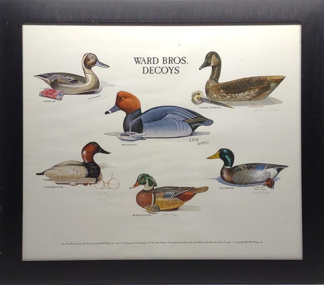 Multi Carver Signed Ward Bros Decoys Duck Print: Vintage 1983 Ward Bros. Decoy's waterfowl duck decoy print, pencil signed by multiple carvers and artist. Decoy carver signatures include Arthur R. Eakin, James P. Fisher, Jack R. Schroeder, Paul W. S