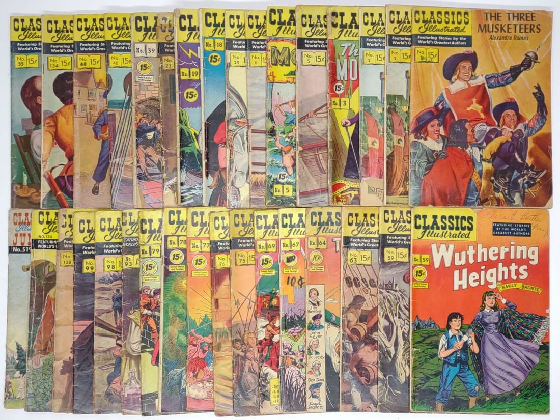 (33) Classics Illustrated 15 Cent Comic Books: (33) Classics Illustrated comic books. Includes #1 The Three Musketeers, #2 Ivanhoe, #3 The Count Of Monte Cristo, #5 Moby Dick, #6 A Tale Of Two Cities, #18 The Hunchback Of Notre Dame, #19 Huckleber