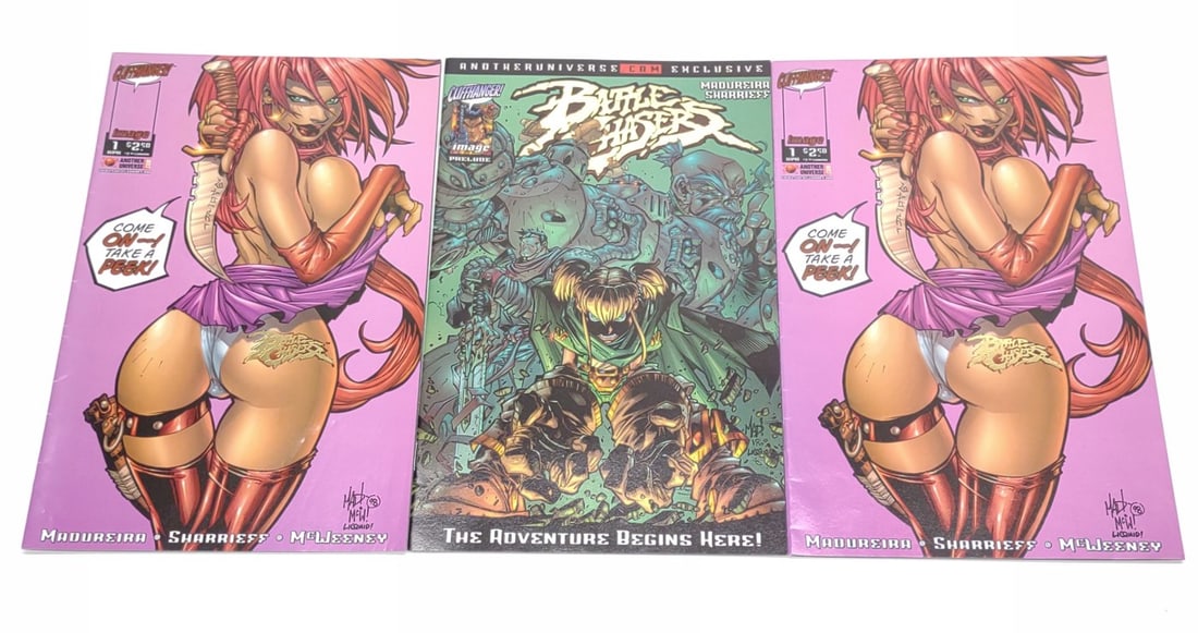 3 Battle Chasers #1 Image Comic Books (Gold Foil): (3) Battle Chasers (1998) #1 comic books in 2 variations. Includes (1) #1 gold foil original cover art, and (2) 'Another Universe' gold foil variant. All are bagged and carded. Each comic measures app