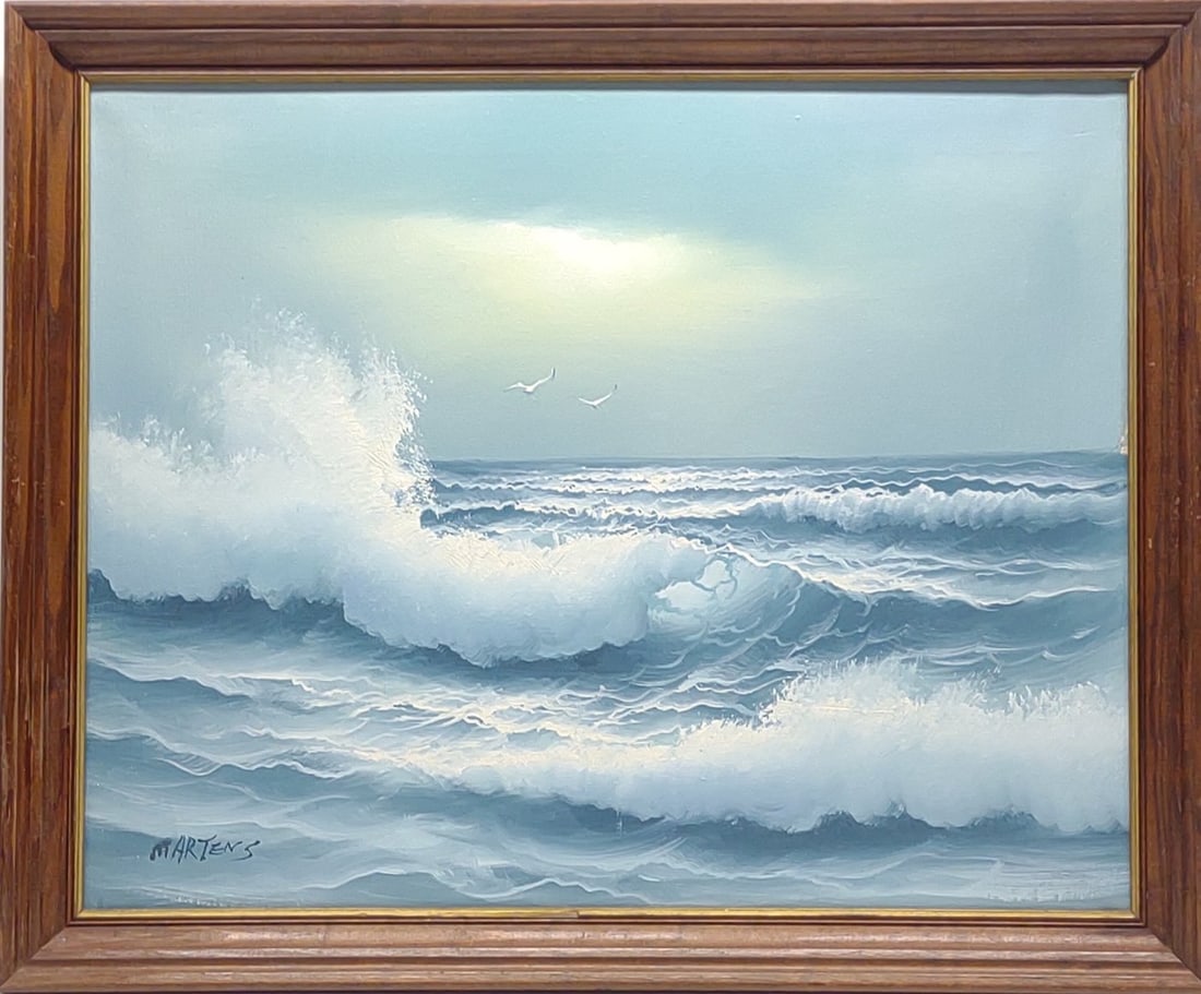 Arthur Martens Seaside Oil on Canvas Painting: Arthur Martens original oil on canvas painting of ocean with crashing waves. Artist signed on lower left margin. Frame measures approx. 22 1/4 x 18 1/2 in. SHIPPING OPTIONS AVAILABLE: UPS 'Pack & Ship