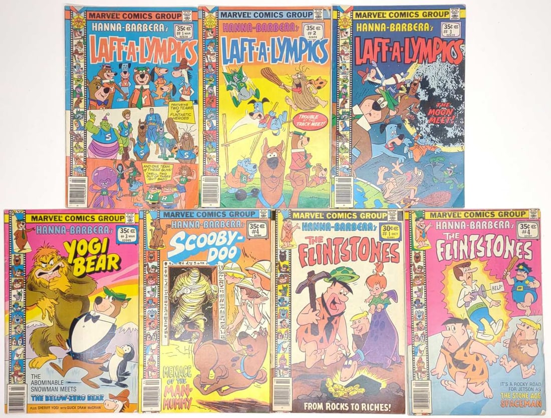 (7) Hanna-Barbera Marvel Comic Books: (7) Marvel Comics Hanna-Barbera comic books. Includes Laff-A-Lympics #1-#3, The Flintstones #1 & #4, Scooby-Doo #4, and Yogi Bear #3. Cover prices: 30 & 35 cents. All are bagged. Each comic measures a