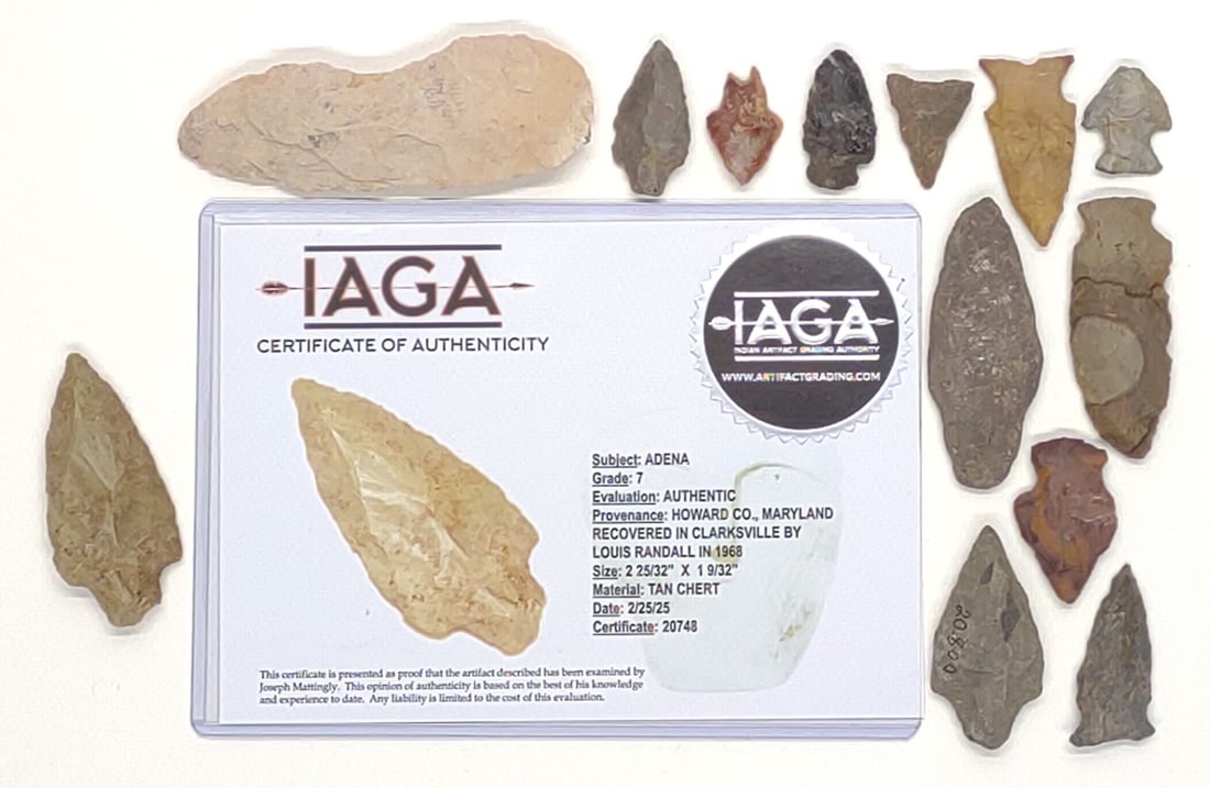 13 Arrowheads (2.75" Tan Chert Adena IAGA COA): (13) Native American arrow heads (projectile points) including (1) IAGA certified tan chert Adena, Grade: 7, Provenance: Howard County, Maryland. Includes COA. Each case measures approx. 3 1/2 x 4 1/2