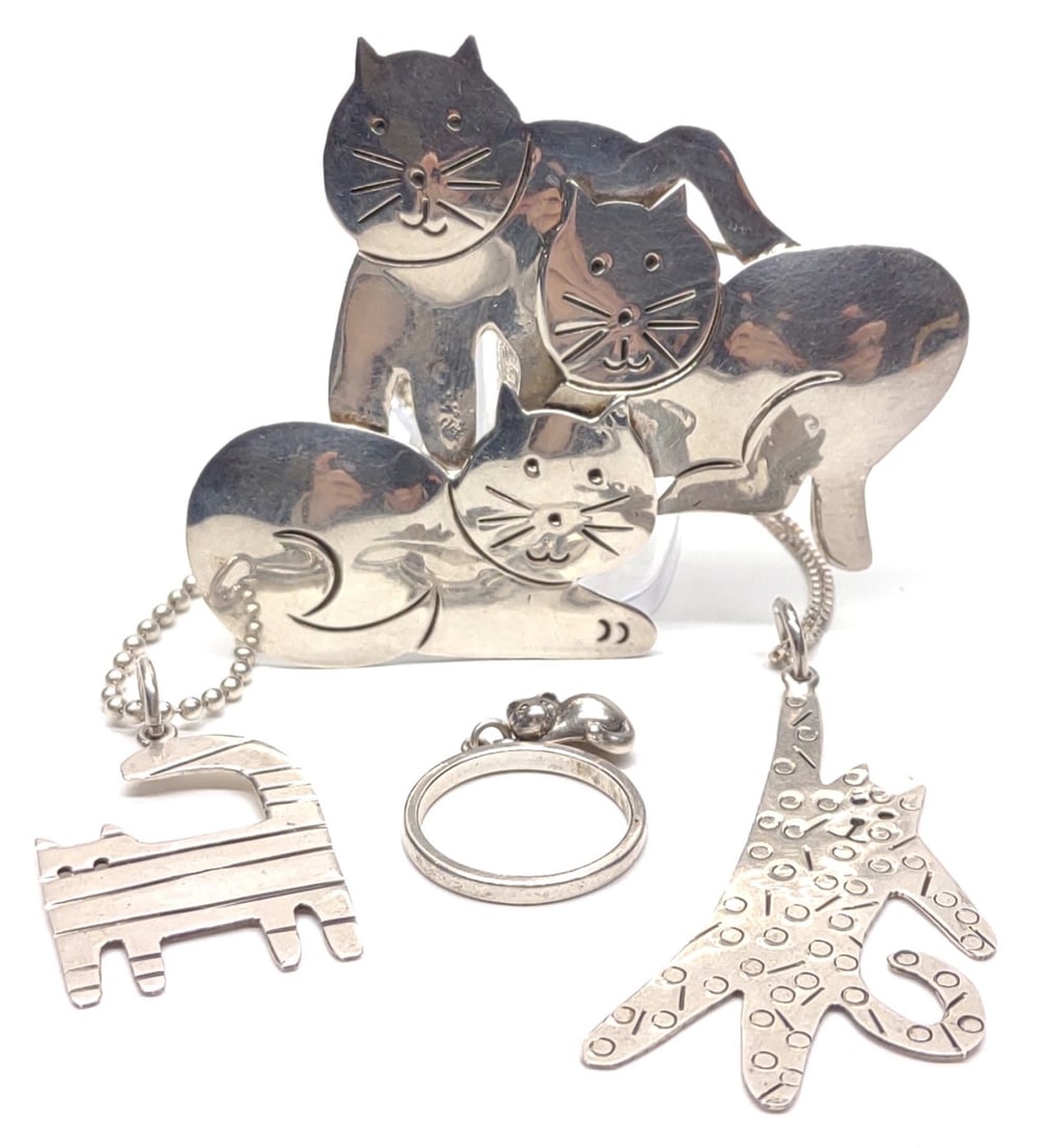 4 Sterling Silver Cat Necklaces, Ring & Brooch (1 of 8)