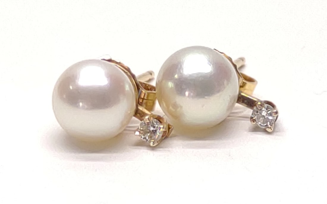 14K Gold Pearl & Diamond Stud Earrings (6.5mm) (1 of 6)