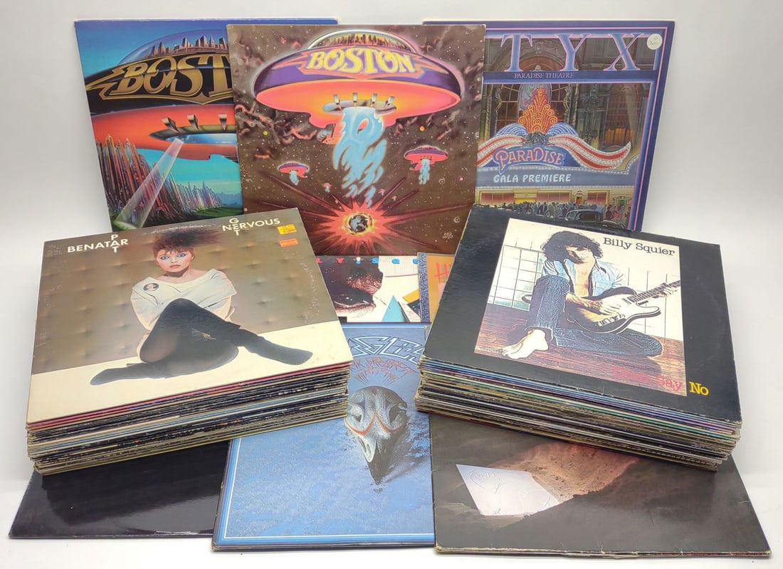53 Classic Rock Vinyl Record Albums: 53 original Classic Rock vinyl record albums including 2 Boston: Self Titled, Boston: Don't Look Back, Styx: Corner Stone, Eagles: Their Greatest Hits 1971 - 1975, The Police: Ghost In The Machine, He
