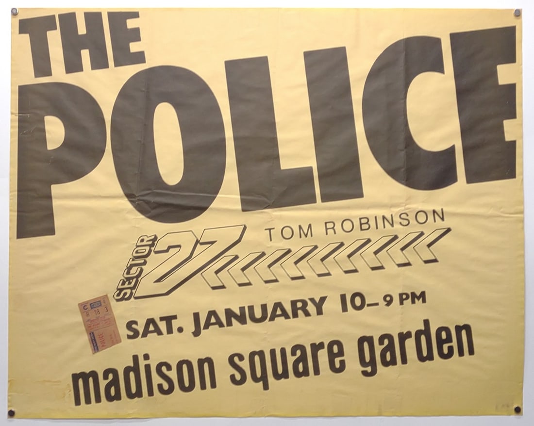 1981 The Police MSG Concert Poster & Ticket 29x23": Original 1981 Madison Square Garden The Police promotional advertising concert paper poster with January 10th, 1981 concert admission ticket. Poster measures 28 3/4 x 23. Poster rolled measures approx