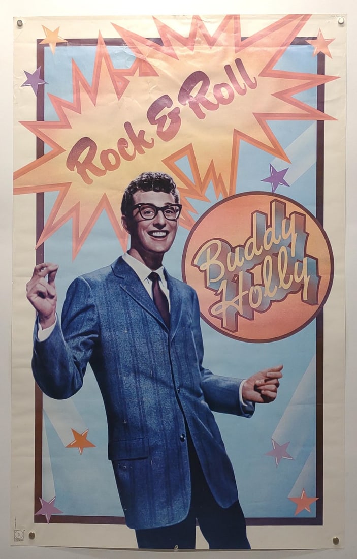 Buddy Holly Rock & Roll MCA Records Poster 35x22": Vintage 1970s original Decca MCA Buddy Holly Rock & Roll promotional advertising paper poster. Lower left margin displays "Printed in U.S.A." with Decca MCA Records Inc logo. Poster measures approx. 3