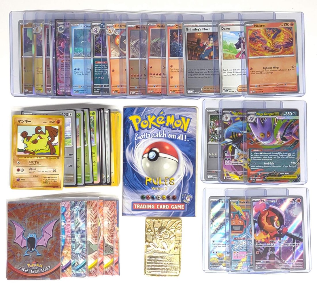 (62) Pokemon Trading Cards: (62) Pokemon trading cards and 1999 Jiggly Puff gold plated Burger King promo. Some cards include Eevee 55/82, Mega Gengar ex 056/094 foil, Piplup 098/094 foil, Rotom ex 126/094 foil, Moltres 014/094
