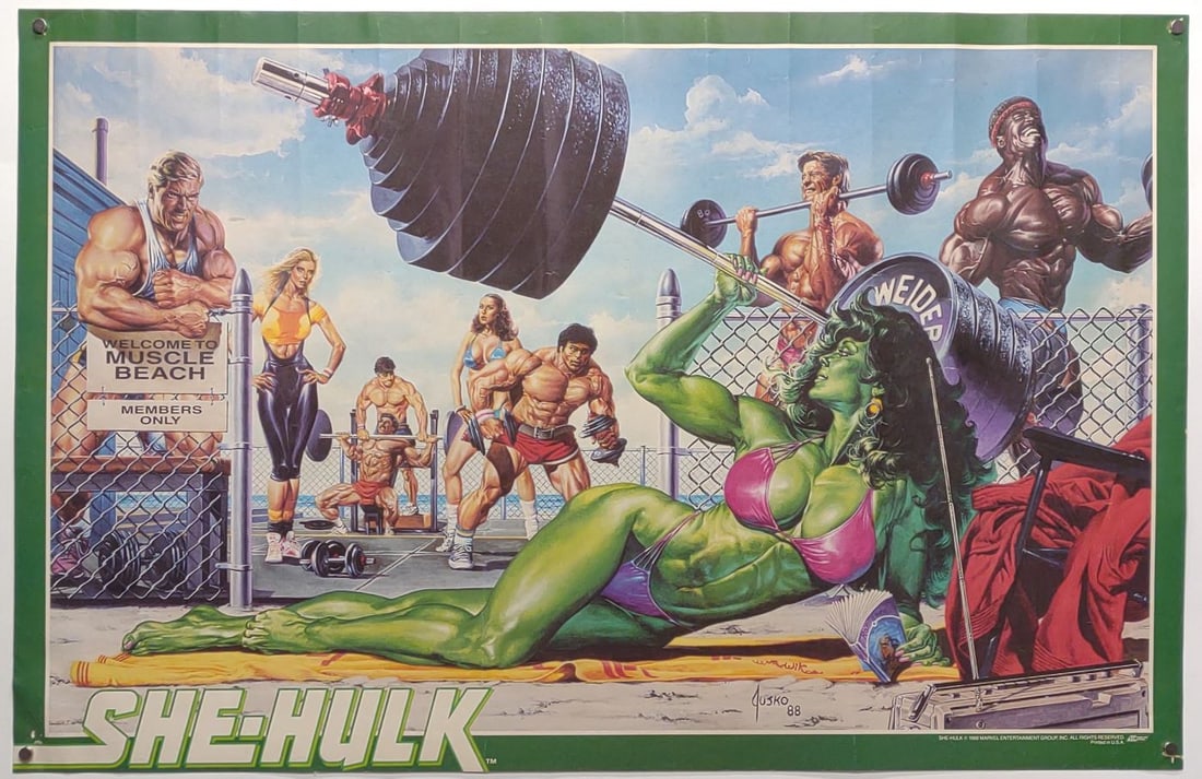 1988 Marvel She Hulk Muscle Beach Poster 34x22": Vintage 1988 original Marvel Press She Hulk muscle beach paper poster. Lower margin displays "She-Hulk 1988 Marvel Entertainment Group, Inc, Marvel Press, Printed in USA". Poster measures approx. 34 x