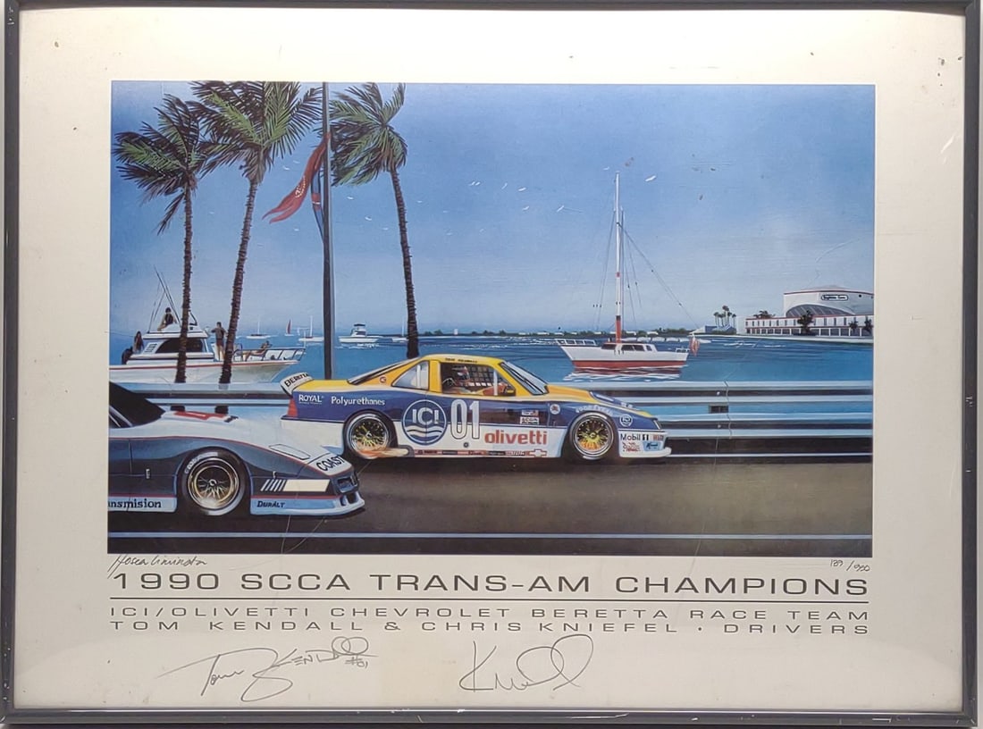 1990 Signed SCCA Trans-Am Champions Race Car Print: Vintage, 1990, pencil signed and numbered SCCA Trans-Am Champions race car print in frame, signed by artist and both racers. Created by artist Hosea Liminata, numbered 139/950. Pencil signed by driver