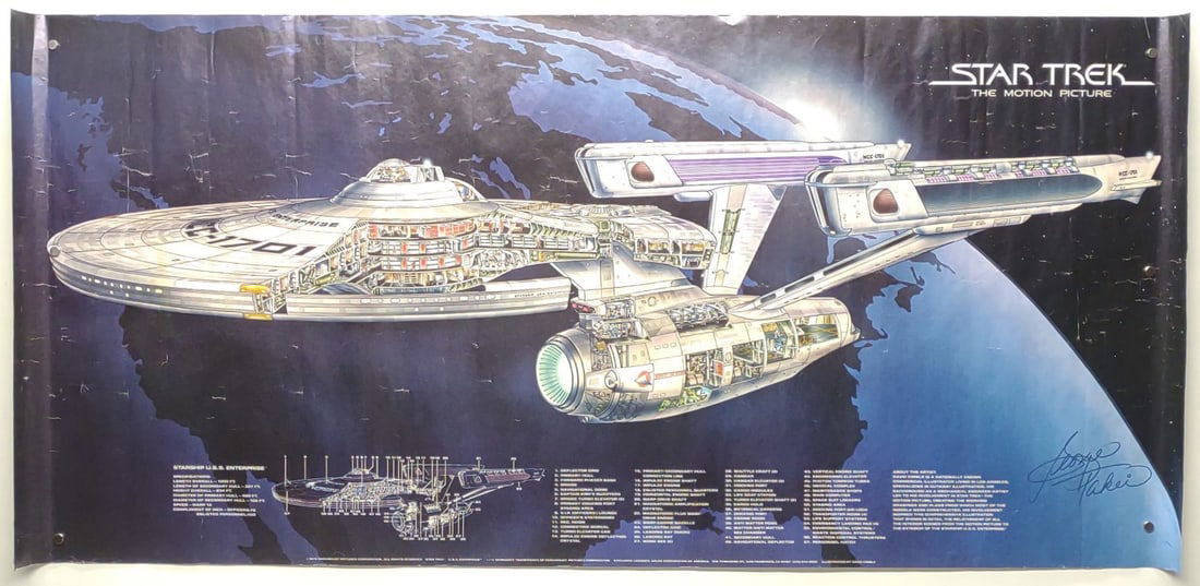 George Takei Signed 1979 Star Trek Poster 48"x22": George Takei autographed 1979 Starship U.S.S. Enterprise Star Trek Motion Picture movie poster. Signature on lower right corner of poster. Poster measures approx. 48 x 22 in. Poster rolled measures ap