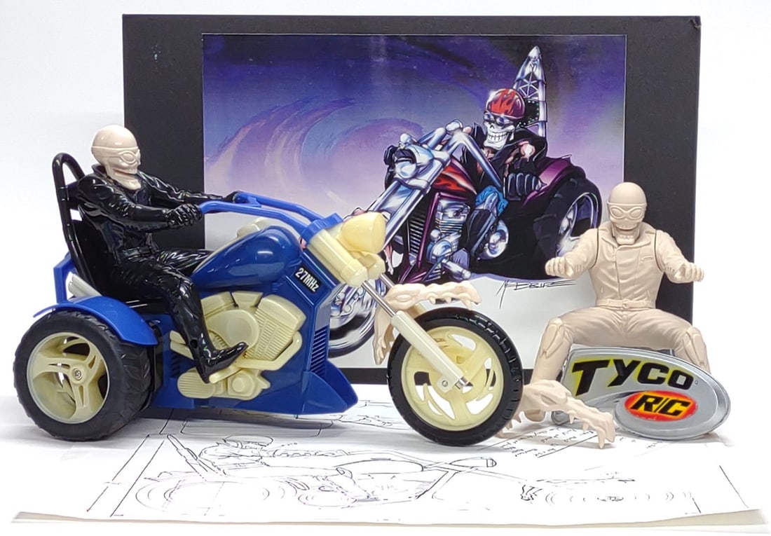 Prototype Tyco R/C Crazy Choppers Motorcycle Toy: Vintage Tyco R/C pre-production prototype Crazy Choppers r/c motorcycle / trike toy. Includes fully assembled test shot, skeleton figure pattern casting mold, front fender pattern mold, original print