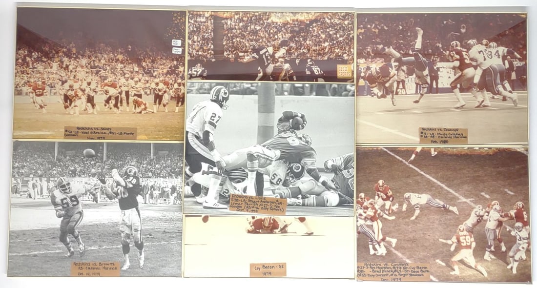 7 Nate Fine Original Redskins Football Photographs: 7 original vintage 1979 and 1980 Washington Redskins glass framed photographs by Nate Fine. Includes Redskins VS. Browns Oct. 14, 1979, VS. Lions Sept. 9, 1979, Vs. Saints Nov. 1979 by Nate Fine, VS.