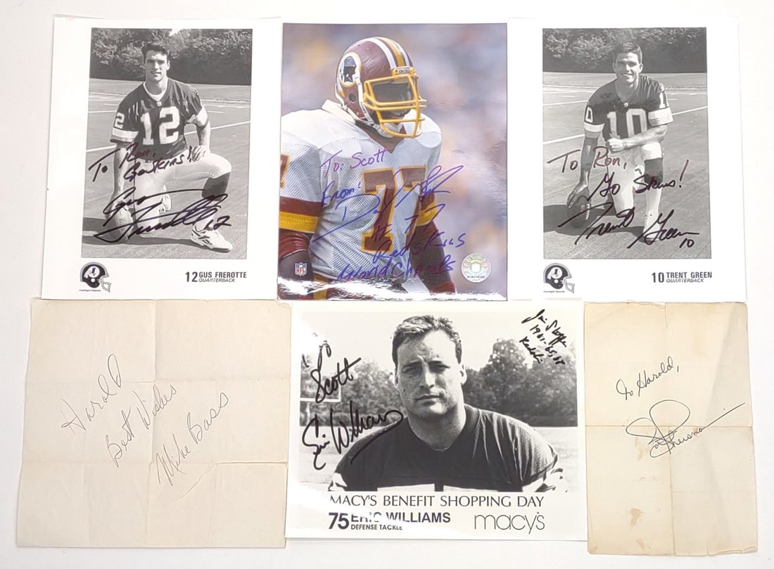 6 Redskins Autographed Football Memorabilia: 6 Washington Redskins autographed / signed football Memorabilia pieces. Player signatures include Gus Frerotte, Eric Williams, Trent Green, Mike Bass, Darryl Grant, and Joe Theismann. Largest measures
