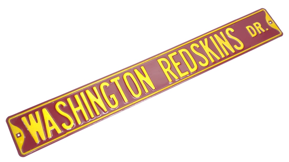Washington Redskins Dr. Metal Street Sign 44": Vintage Washington Redskins NFL football "Washington Redskins Drive" single sided metal embossed advertising Street sign. Measures approx.: 44 x 6 in. SHIPPING OPTIONS AVAILABLE: UPS 'Pack & Ship' or