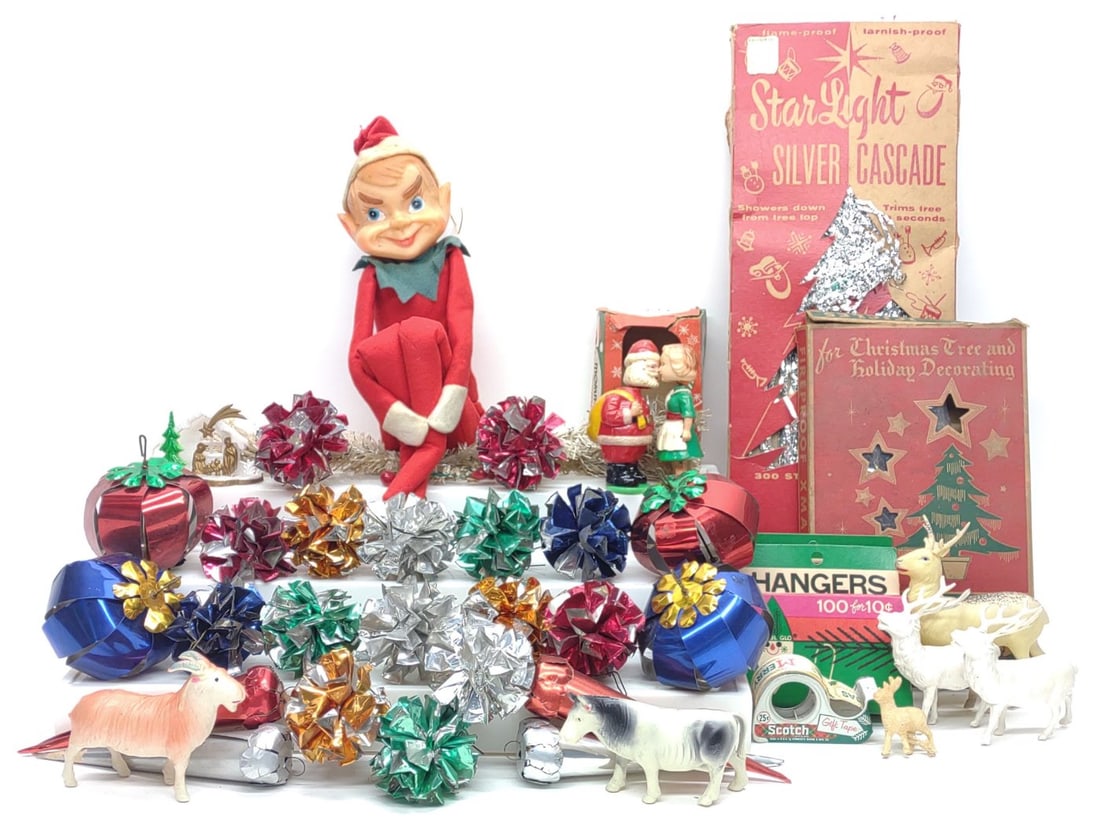 Vintage Foil Christmas Ornaments, Decorations, Elf: Vintage crinkle foil Christmas tree ornaments, decorations, and figures. Includes a large knee hugger elf, box of Halco Silver Brite icicle decorations, box of B Wilmsen INC. Star Light Silver Cascade
