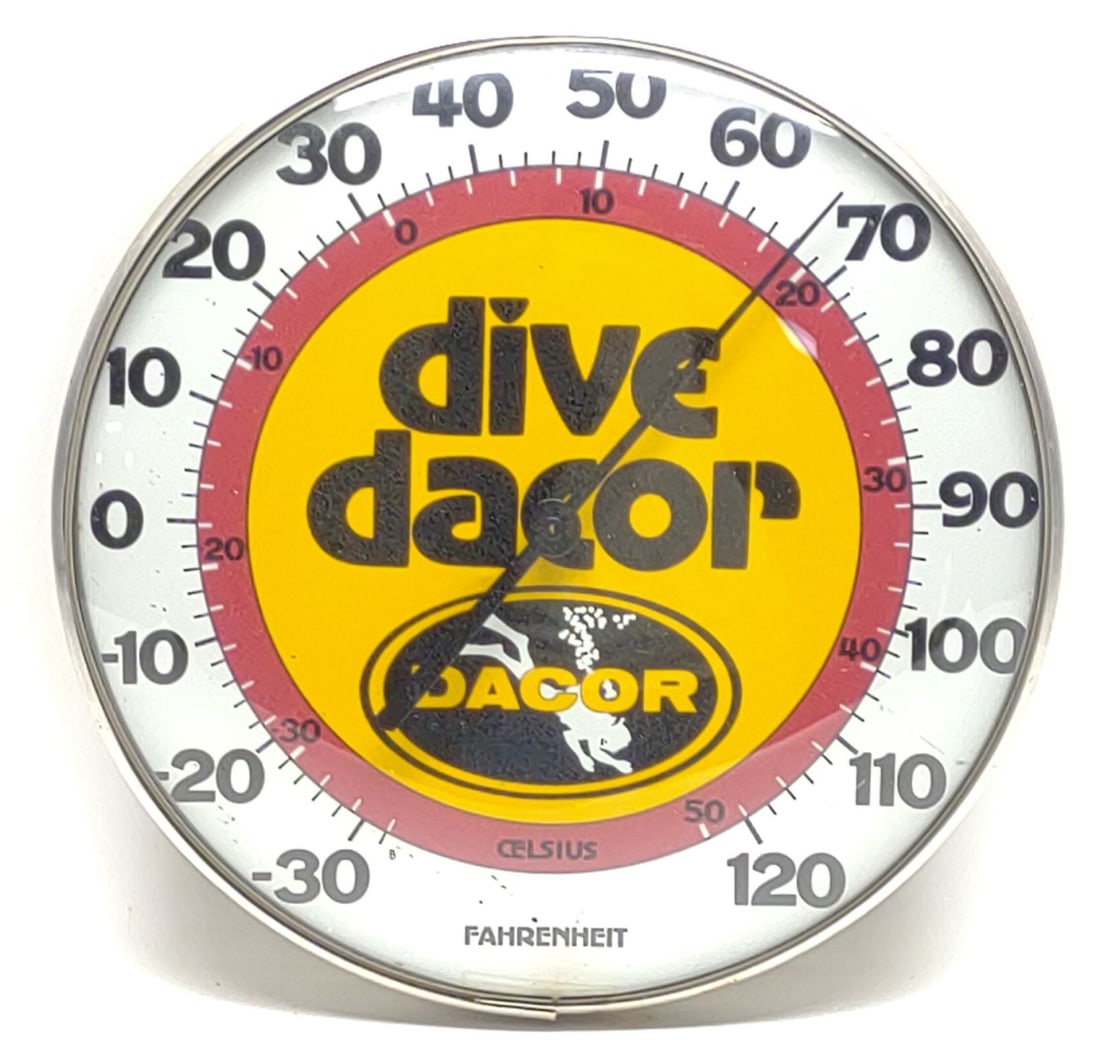 Dacor "Dive Dacor" Advertising Dial Thermometer: Vintage Dacor (Davidson Corporation) "Dive Dacor" scuba diving equipment advertising thermometer. Working condition. Measures approx 12 1/4" in diameter and 3 in. depth. SHIPPING OPTIONS AVAILABLE: UP
