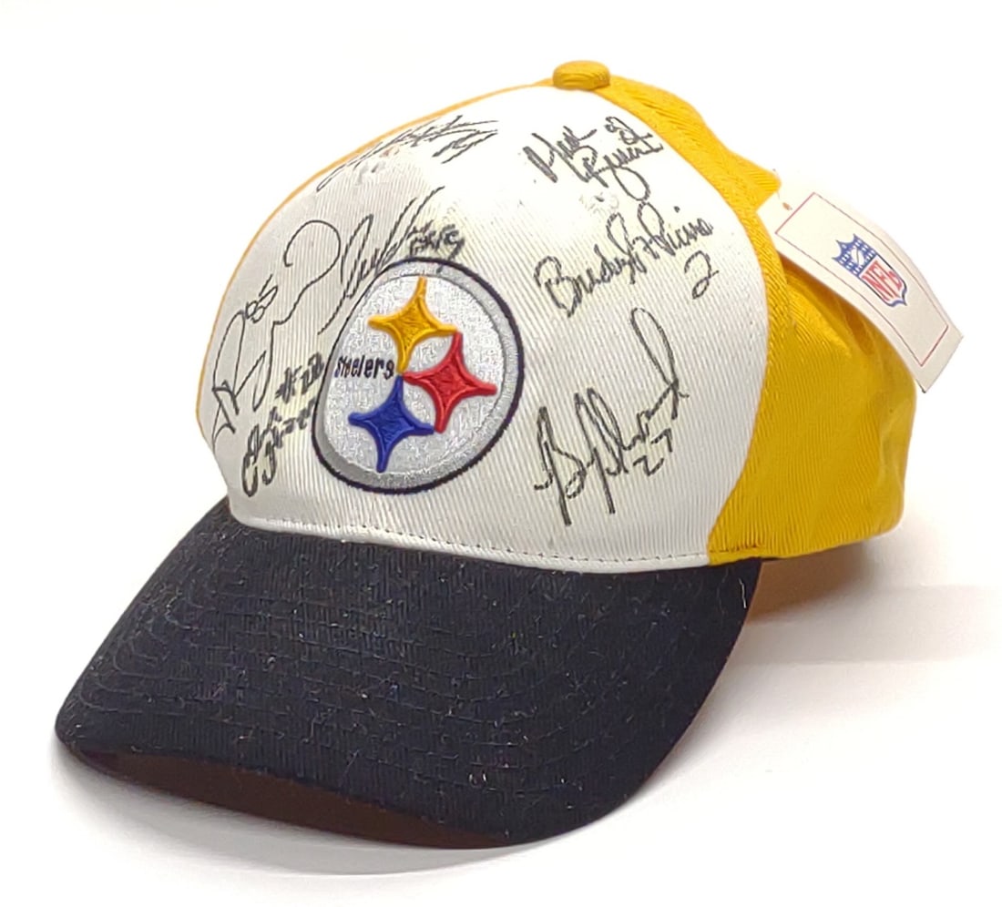 2003 Team Autographed Steelers Football Hat / Cap: 2003 NFL Pittsburg Steelers football team autographed hat. Players signatures include Brent Alexander 27, Oliver Ross 79, Jay Riemersma 85, Mark Bruener 87, Chris Hope 28, Lee Mays 89, Brian St. Pierr