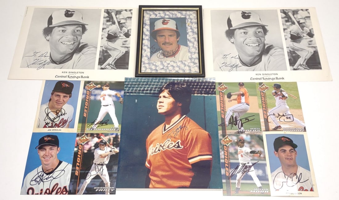 12 Baltimore Orioles Autographed Baseball Photos: Group of 12 Baltimore Orioles signed / autographed baseball photographs, post cards, and promo cards. Includes Scott Mcgregor framed 5"x3.5" photo, Tippy Martinez 8x10" photo, 2 Ken Singleton Central