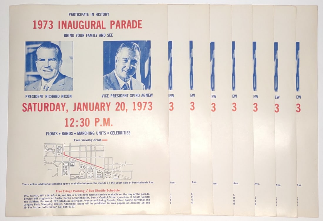 (8) 1973 Nixon Agnew Inaugural Parade Posters: (8) Vintage 1973 Richard Nixon and Spiro Agnew Inaugural Parade political campaign posters. Poster features photos of Nixon and Agnew with date and map of parade location. Each poster measures approx.