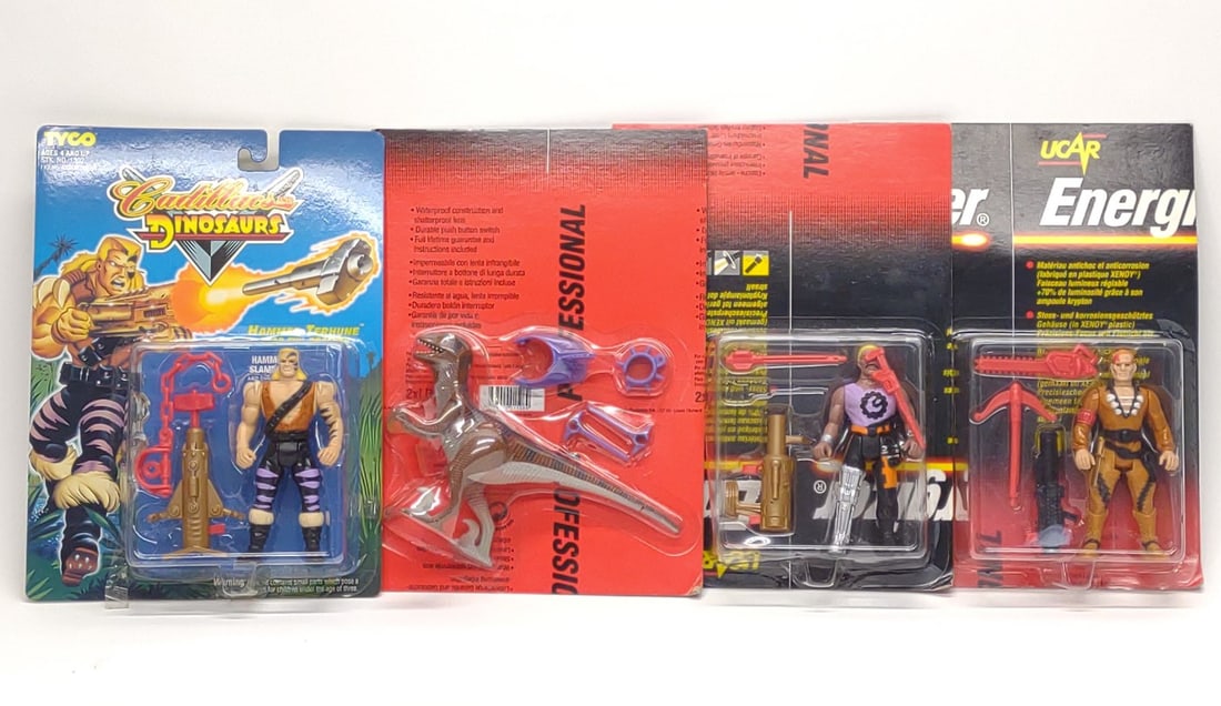 4 Prototype Tyco Cadillacs & Dinosaurs Toys: 4 Vintage Tyco Toys pre-production Cadillacs And Dinosaurs design sample action figure toys sealed in original blister packs. Includes Hammer Terhune, Mustapha Cairo, Vice Terhune, and Hermes action f