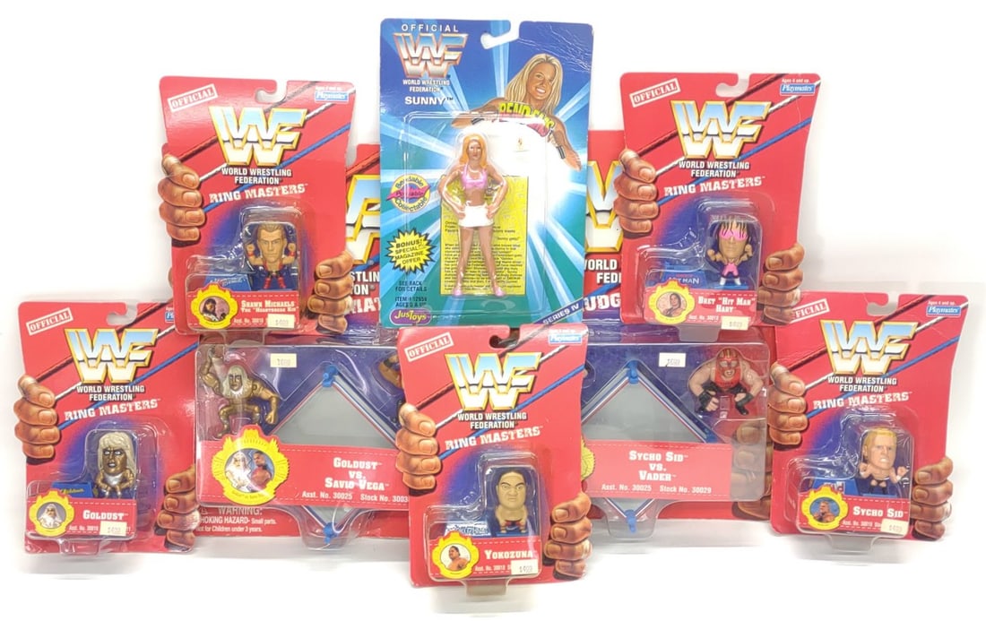 (8) 1996-97 WWF Action Figure Toys (Sealed): 8 Vintage, 1996 and 1997, Playmates and Just Toys Official WWF wrestling action figures sealed in blister packs. Includes Golddust VS. Savio Vega Grudge Match, Sycho Sid VS. Vader Grudge Match, Bret M