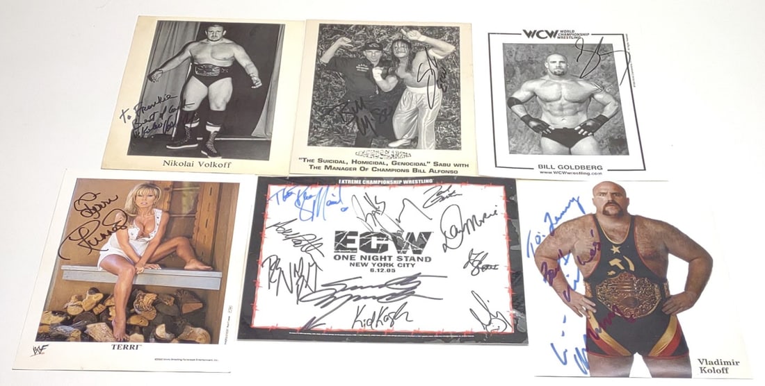 Autographed WCW, WWF, ECW Wrestler Photographs: 6 Professional wrestling signed / autographed photographs. Includes World Championship Wrestling (WCW) Bill Goldberg, World Wrestling Federation (WWF) Terri, Extreme Championship Wrestling (ECW)