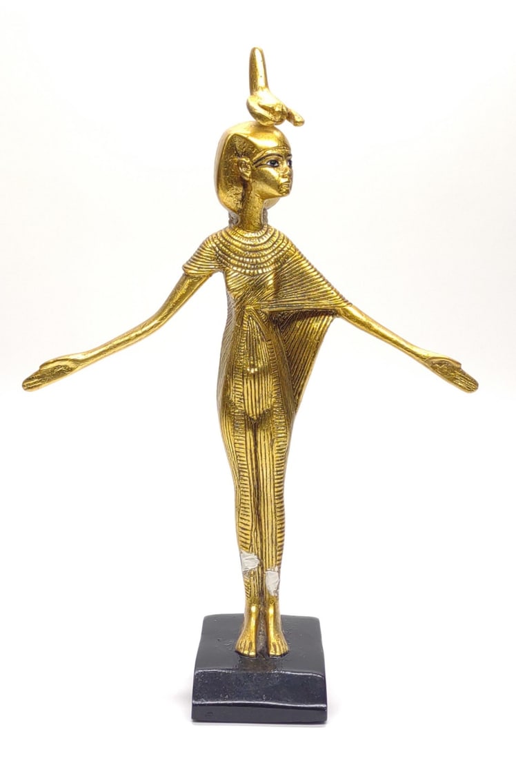 Egyptian Goddess Selket Statue (14" Tall): Vintage Egyptian goddess of protection and venomous snakes Selket (AKA Serket Hetyt) sculpture. Depicts Egyptian goddess serket standing with open arms wearing a scorpion headdress. Statue stands on a