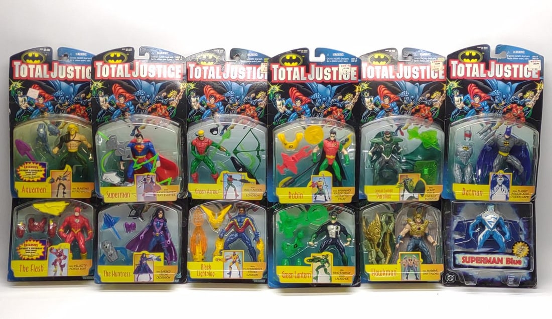 12 Kenner DC Total Justice Action Figures (Sealed): 12 Vintage 1990s Kenner DC Total Justice and JLA (Justice League America) action figures. Includes Superman Blue, The Flash, Aquaman, The Huntress, Black Lightning, Green Arrow, Hawkman, Superman, Eme