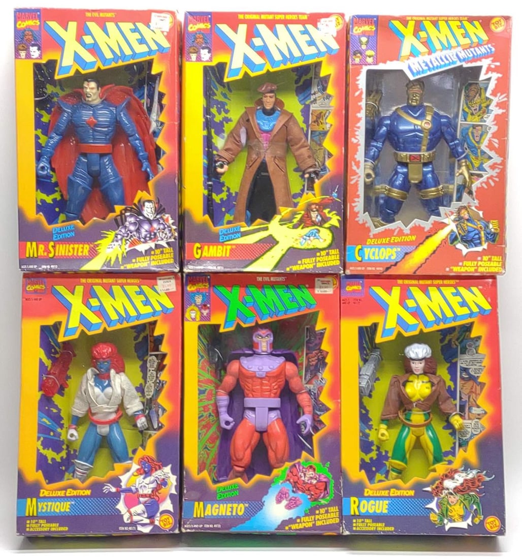 (6) Marvel X-Men Deluxe Ed. Action Figures Sealed: 6 Vintage 1990s Toy Biz Marvel X-Men Deluxe Edition 10" action figures. Includes Gambit, Mr. Sinister, Magneto, Rogue, Mystique, and Cyclops. All toys are sealed in original boxes. Each box measures a