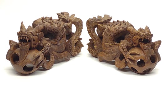 Pr of Asian Wood Carved Dragons w/ Ball Sculptures