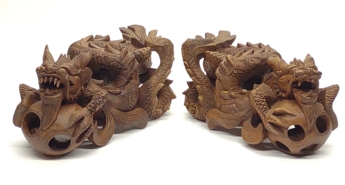 Pr of Asian Wood Carved Dragons w/ Ball Sculptures (1 of 9)