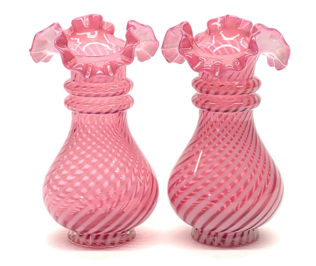Pr of Fenton Cranberry Opalescent Optic Vases (1 of 6)
