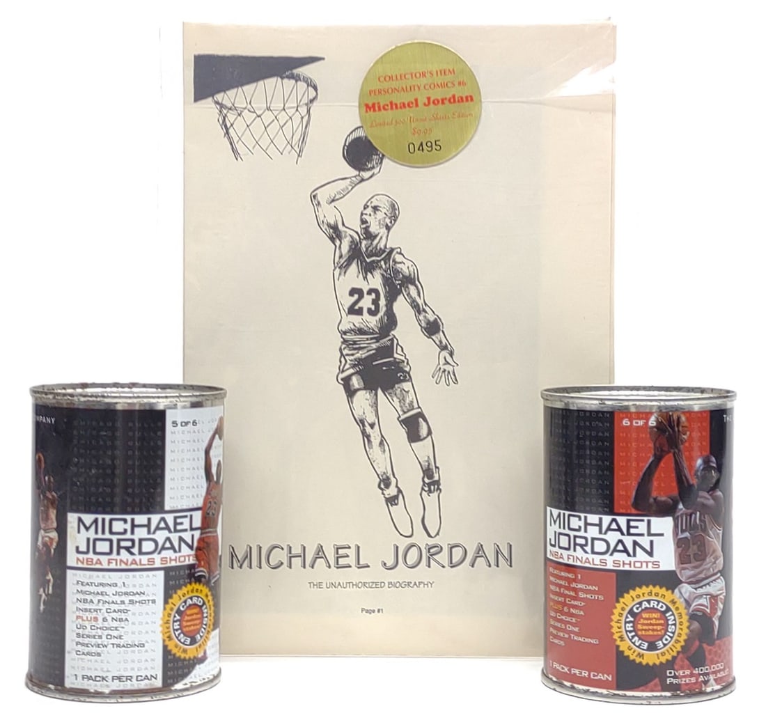 1990 Michael Jordan Personality Comics #6 LE Uncut: Vintage 1990 Personality Comics #6 Michael Jordan Limited edition #495 out of 500 uncut sheet comic book. Also includes 1998 The Upper Deck Company Michael Jordan NBA Finals Shots UD Choice can of bas