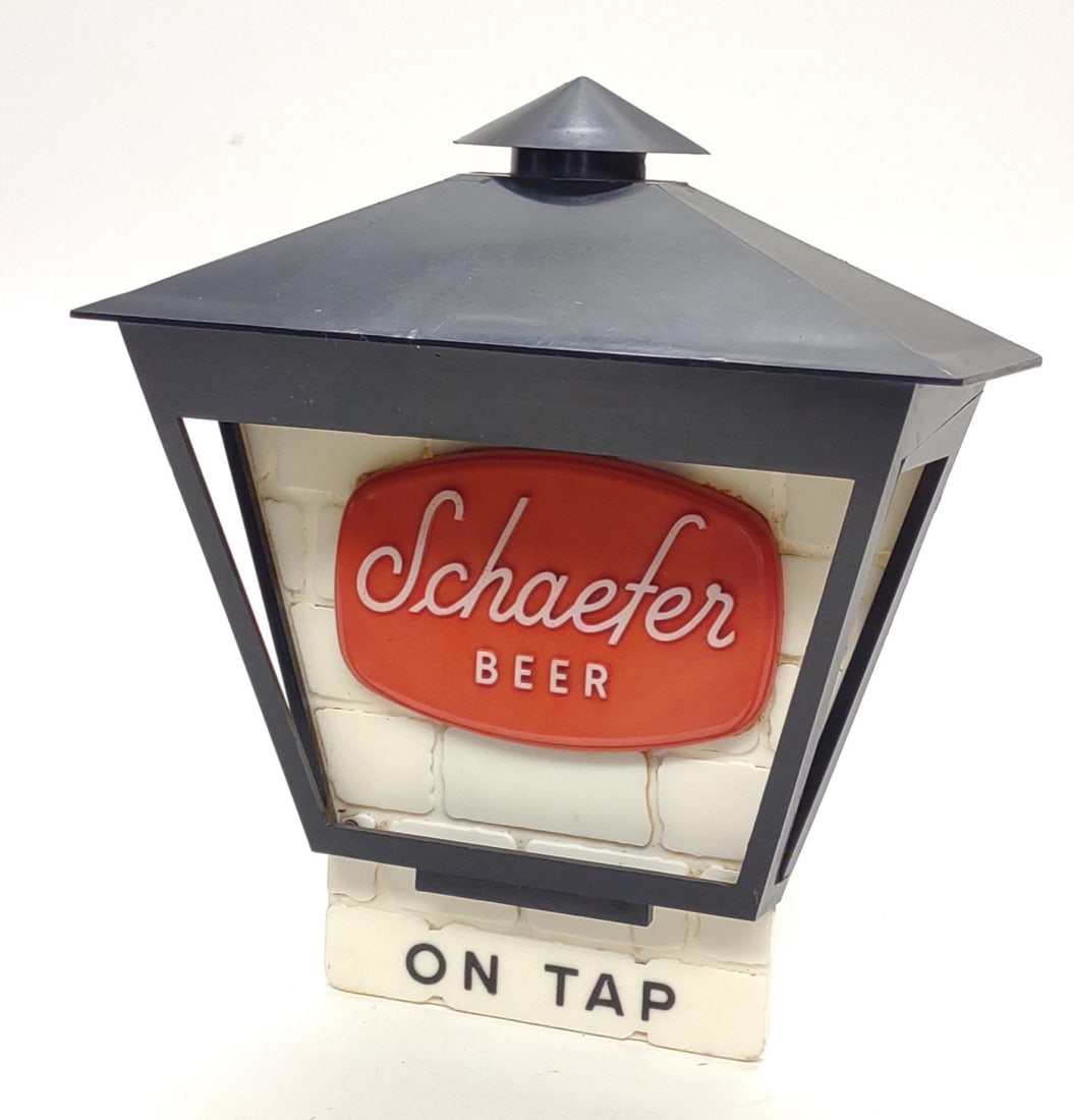 Vintage Schaefer Beer Lighted Advertising Sign: Vintage Schaefer Beer On Tap lighted advertising sign. Plastic and metal housing with fluorescent bulb. Non-working, needs repair. Sign measures approx. 8 1/2 x 7 1/2 x 3 in. SHIPPING OPTIONS AVAILABL