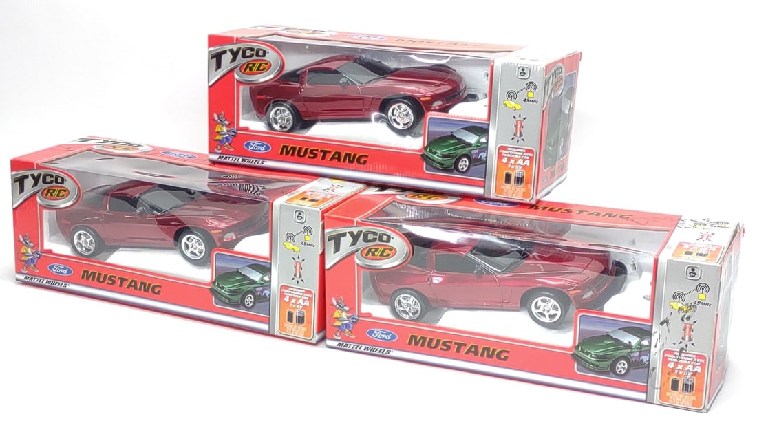 3 Pre-Production Tyco Mattel Corvette Sample Cars: 3 Vintage Tyco R/C Mattel Wheels pre-production Chevy Corvette sample package toy cars. Includes 3 Chevy Corvette toy cars in mustang design sample boxes. Each box measures approx. 16 x 6 x 6 in. From