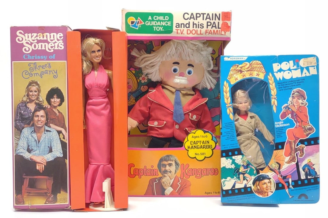 (3) 1970s TV Show Character Doll Figures w/ Boxes: 3 Vintage 1970's television show character dolls / action figures in original boxes. Includes 1976 Horsman Police Woman Angie Dickinson action figure, 1978 Mego Corp. Suzanne Sommers Chrissy Of Three'