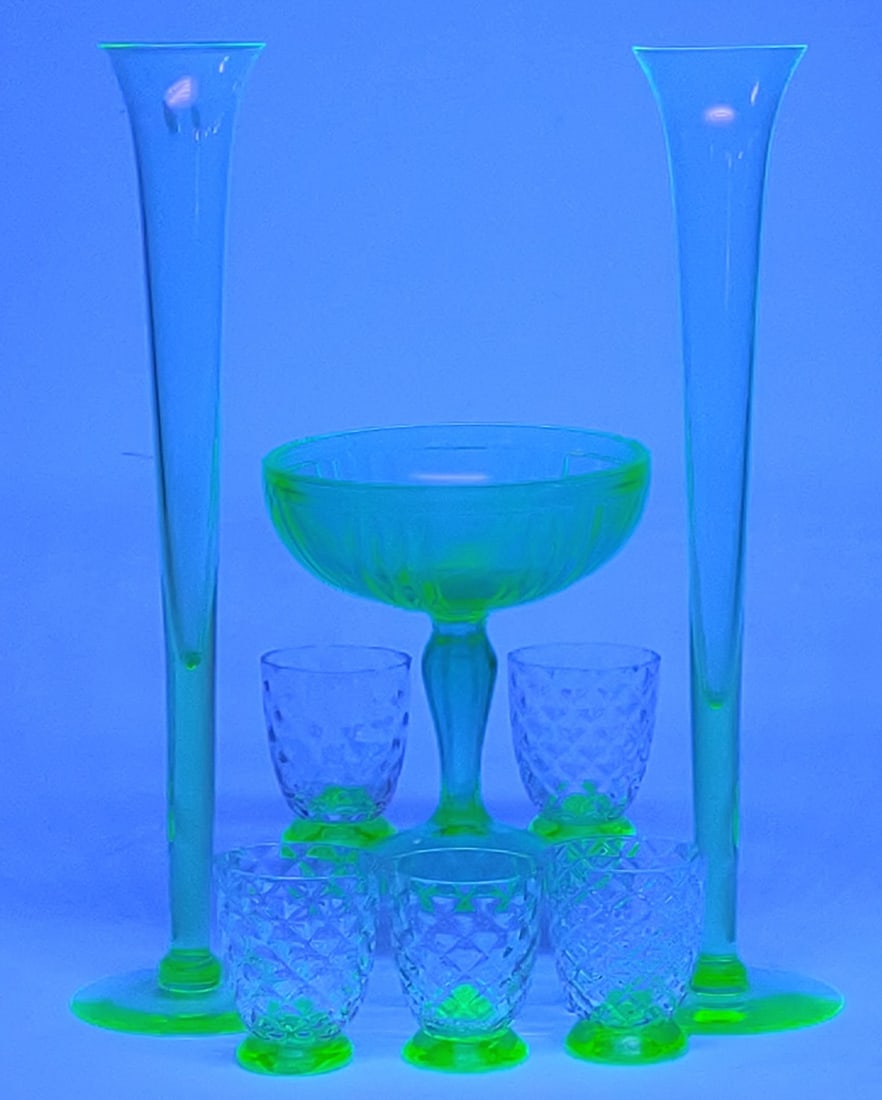 (8) Uranium Glass Bud Vases, Tumblers & Compote (1 of 12)