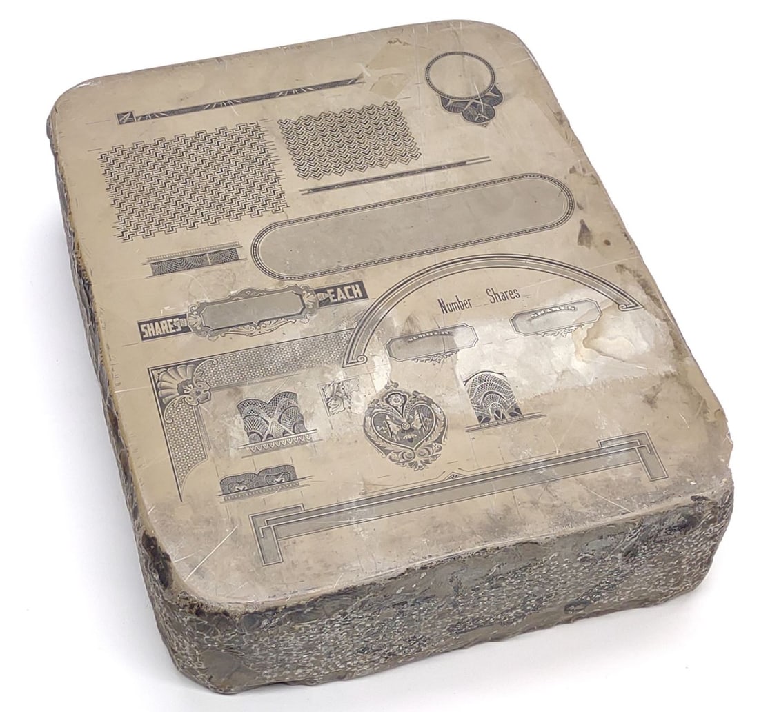 Double Sided Lithograph Stone Printing Block: Antique double sided lithograph stone printing block featuring many original designs including Red Man chewing tobacco "Merry Christmas" Native American head behind a crescent moon logo, and Redman ch