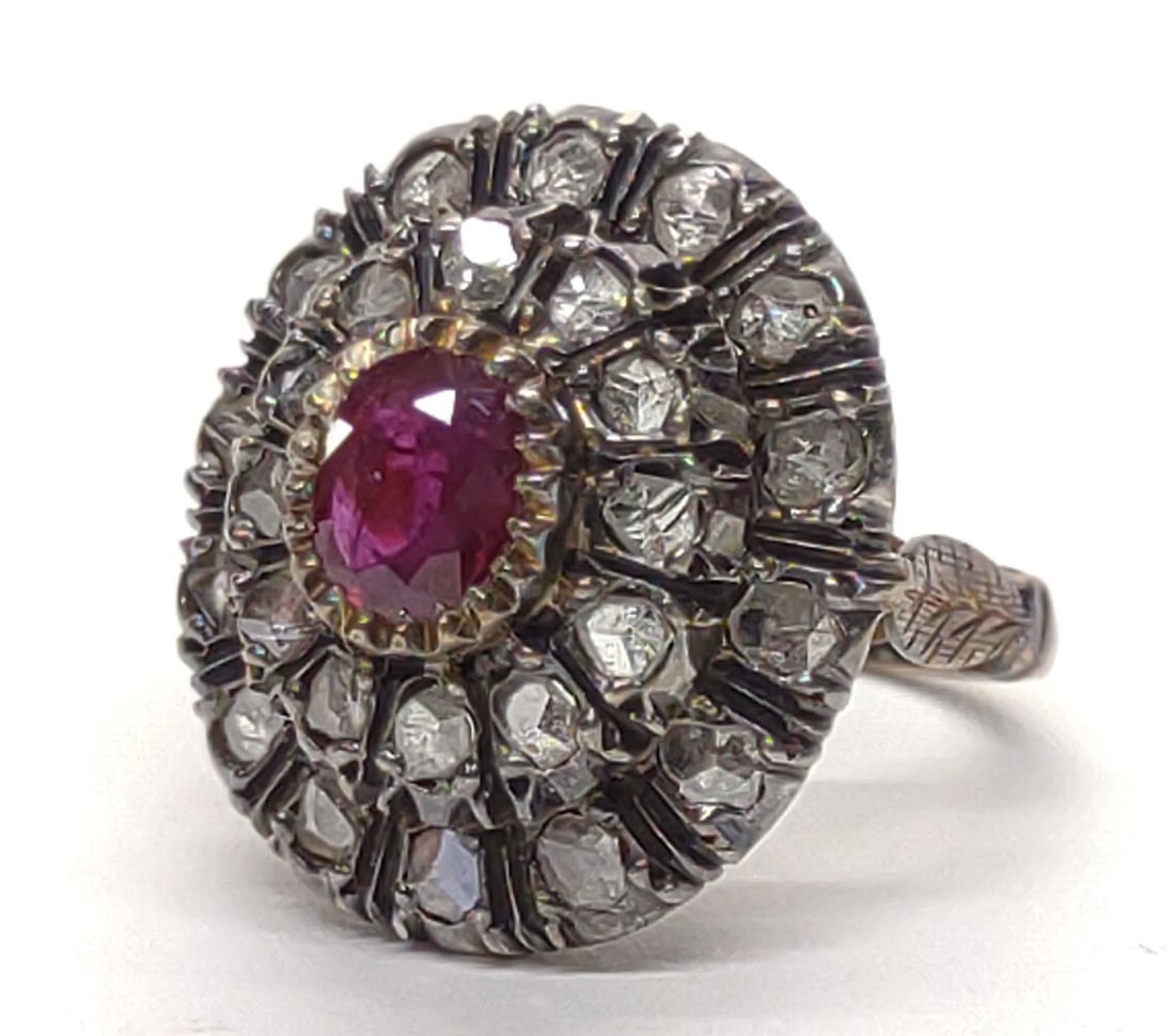 14K 1.32ctw Mine Cut Diamond & 1ct Ruby Ring (1 of 10)
