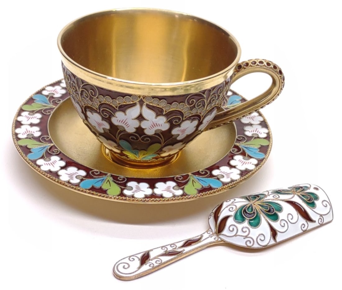 3pc Russian Silver & Cloisonne Tea Cup & Saucer (1 of 14)