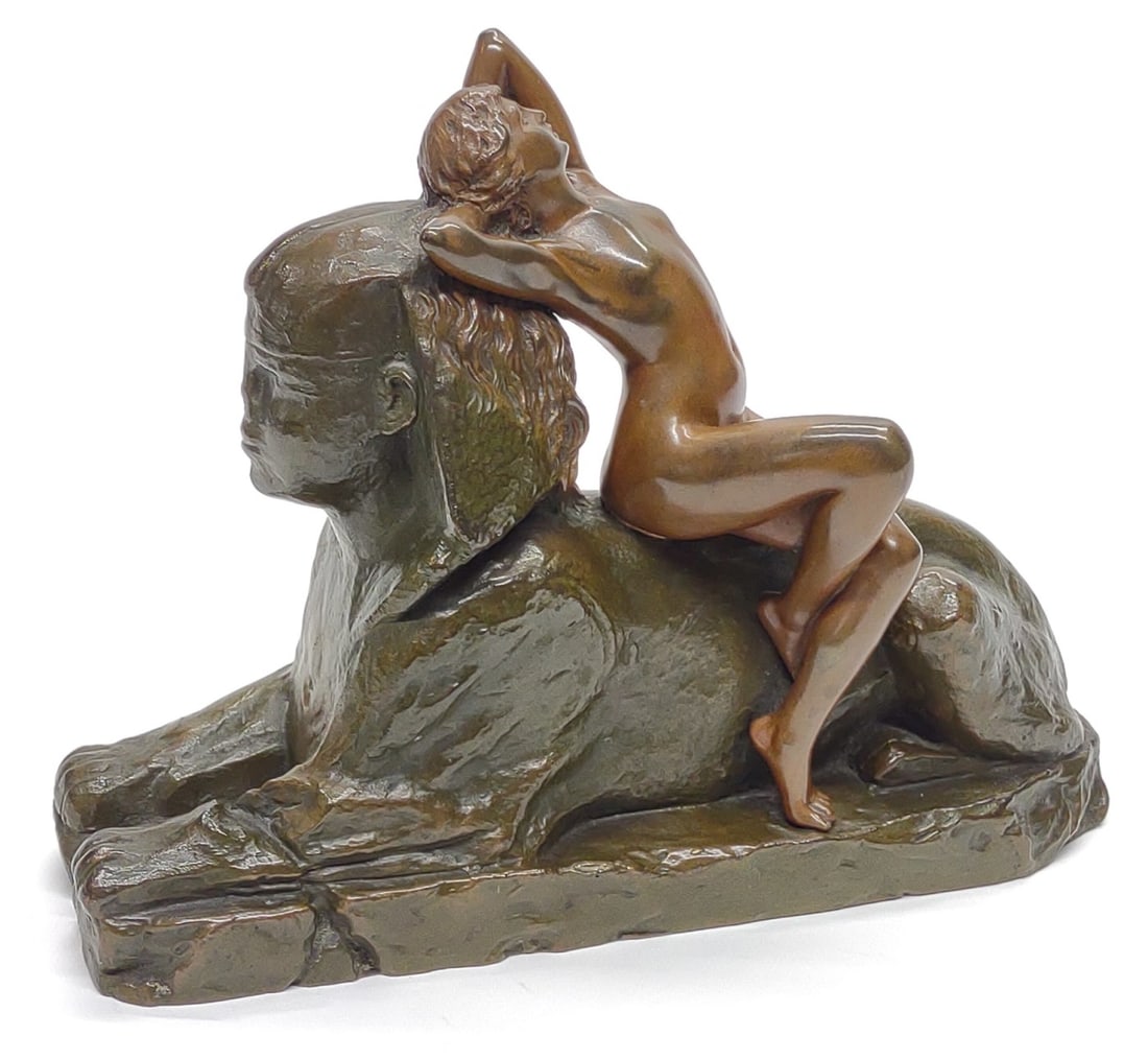 T. Herlinger Bronze Nude Woman on Sphinx Sculpture (1 of 8)
