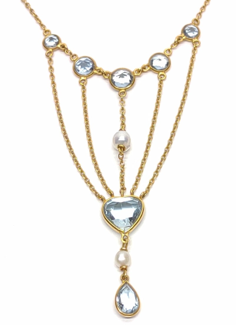 Edwardian 14K Aquamarine & Pearl Festoon Necklace: An antique, edwardian era, festoon style necklace with aquamarine stones and pearls. Chain length: 16". Clasp is marked "14K". Has been tested for gold purity and stones. Total weight: 4.27 grams. SHI