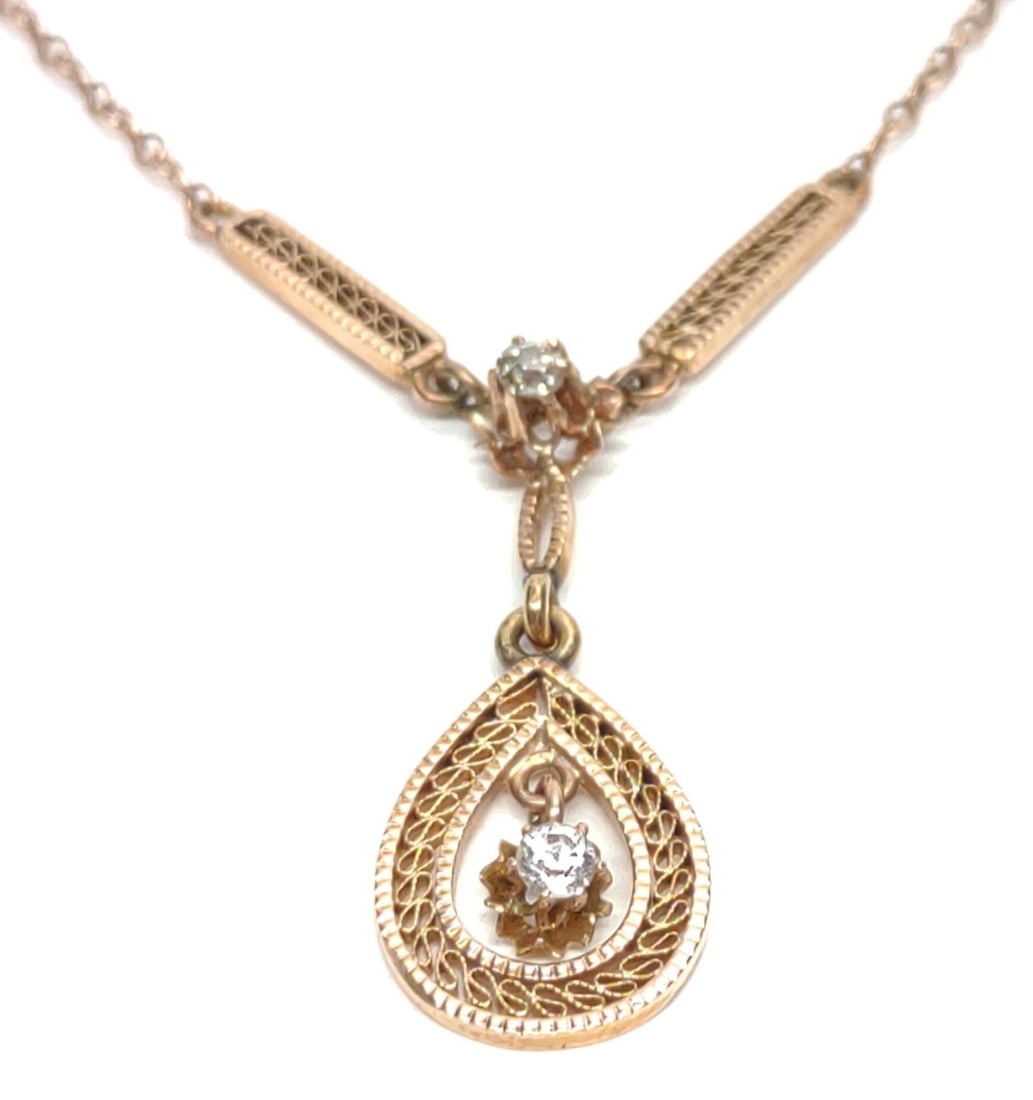 Victorian 10K Gold Filigree Drop Necklace (1 of 8)