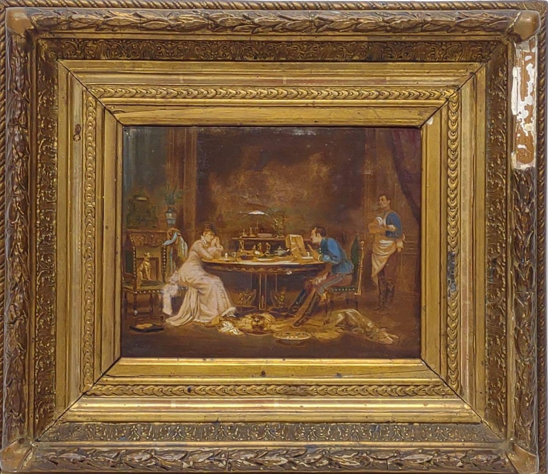 After Auguste Loustaunau Oil on Canvas Painting: Antique oil on canvas painting, after Louis Auguste Georges Loustaunau (French, 1846-1898). No signature found. After Loustaunau's piece "Un mariage de raison". Mounted in gilted frame. Very minor pai
